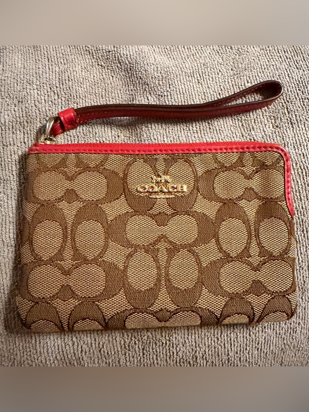 Coach Brown Signature Canvas Wristlet with Red Trim